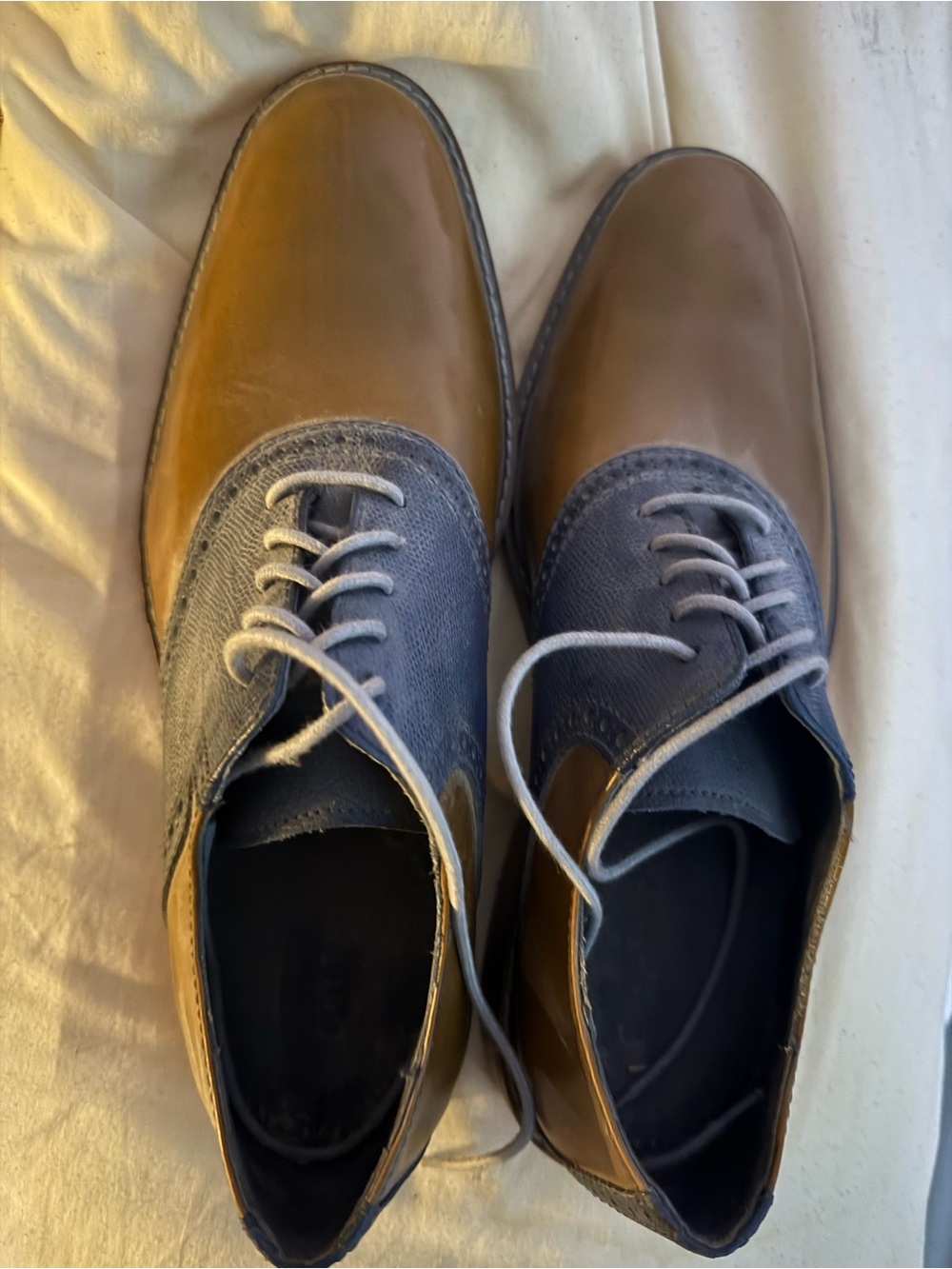 Cole Haan Brown Leather and Blue Fabric Lace-Up Oxfords